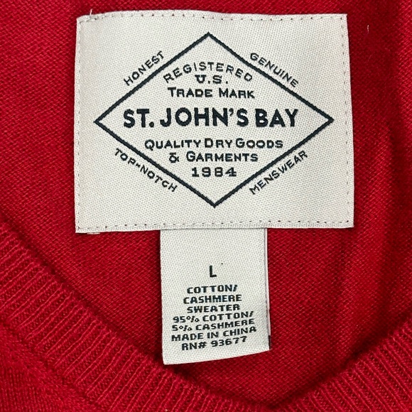 Men's St. John’s Bay Large V-Neck Sweater Red Soft Long Sleeve Cotton Cashmere - Picture 7 of 7